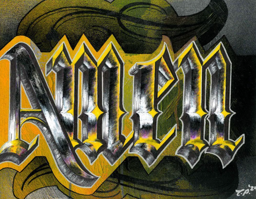A stylized metal-style wordmark reading 'Amen' in bold silver-gray letters with yellow and orange outlines, layered over a dark illustrated background with green and black shapes.